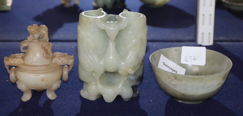 A Chinese jade champion vase, a jade censer and cover and a green stone bowl, tallest 10cm